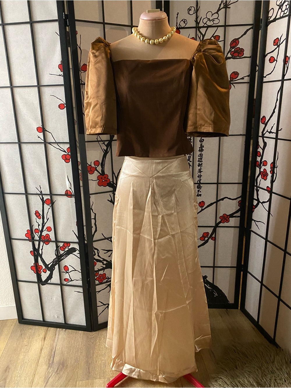 Filipiniana Mestiza L Blouse Set w/ Silk-Look Cream Maxi Skirt